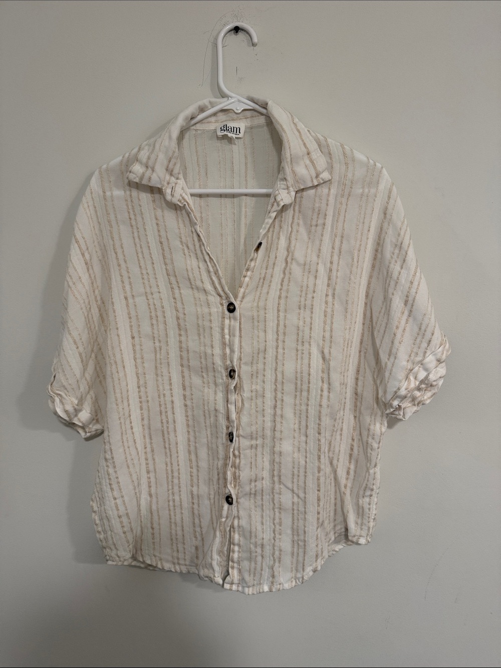 glam Cream & Tan Striped Lightweight Button-Down